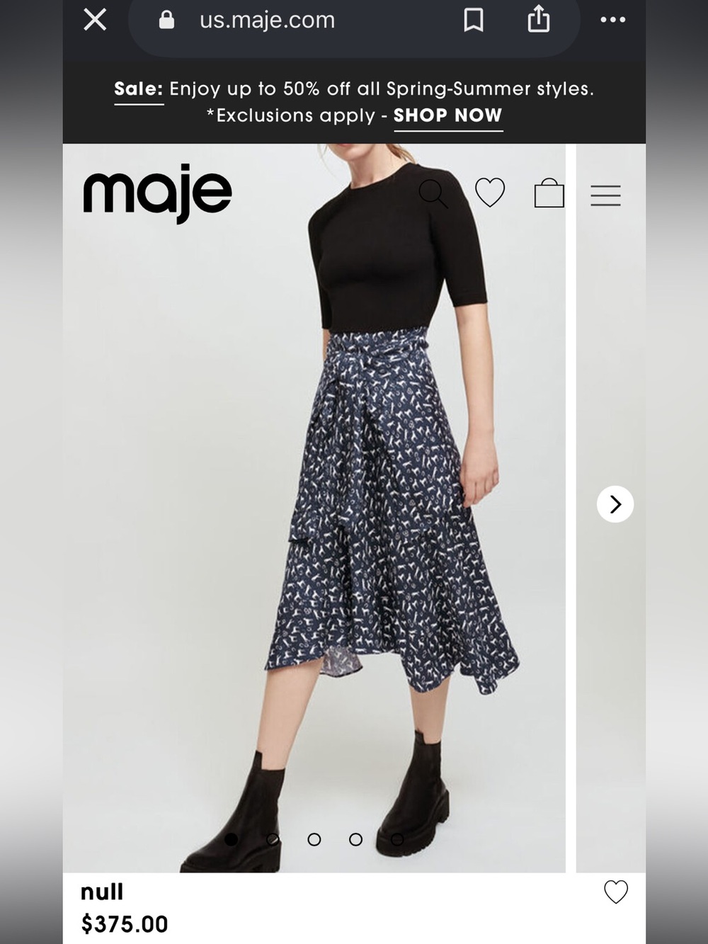 Maje navy horse trompe l’Oeil midi dress sleeve tie waist asymmetrical cotton